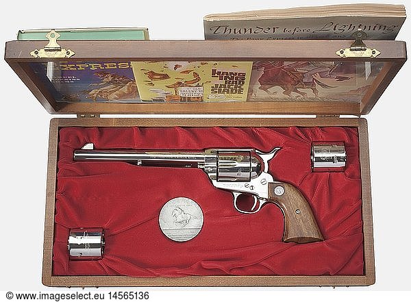 A Colt SAA 'Pony Express'  cal..45LC  no. PE151-E  production year 1964. Bright bore  7.5'-barrel with standard inscription on upper side  marked 'Colt Peacemaker' on the right. On the left side marked 'Russell  Majors and Waddell Pony Express Presentation Model'. Cylinder with German proof mark. Completely nickel-plated  walnut grip panels with inlaid Colt logo  grip frame marked 'Sacramento to Friday's Station'. In presentation case plus two engraved spare cylinders with portraits of Pony Express founders and Pony Express route as well as a commemorative medal. Dimensions 42 x 22 x 6 cm. Comes with a book and two Pony Express brochures. Erwerbsscheinpflichtig. historic  historical  1960s  20th century  civil handgun  civil handguns  handheld  gun  guns  firearm  fire arm  firearms  fire arms  weapons  arms  weapon  arm  object  objects  stills  clipping  clippings  cut out  cut-out  cut-outs