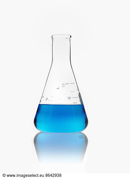 A conical scientific glassware flask partly filled with blue liquid.