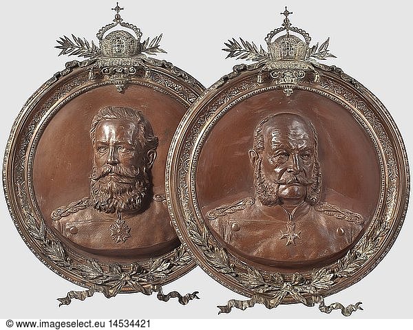 A copper relief Emperor Wilhelm I and Friedrich III  Year of the Three Emperors 1888  artist Hugo Heck Realistic relief of the two German emperors from the Year of the Three Emperors. The sovereigns in uniform with donned orders 'Pour le MÃ©rite'. Made from hammered copper with impressive depiction of the profile portraits. With continuous band decoration  superimposed laurel branches and imperial crown. Near the breast signature 'Hugo Heck'. Dimensions 46 x 59 x 6.5 cm  wall mounting on the reverse side. Very decorative  people  19th century  Prussian  Prussia  German  Germany  militaria  military  object  objects  stills  clipping  clippings  cut out  cut-out  cut-outs  man  men  male