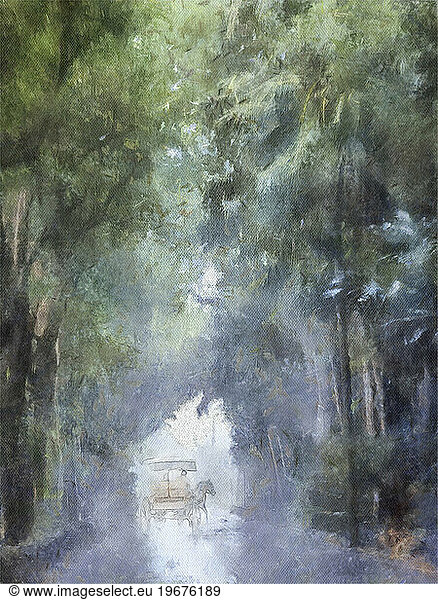 A couple rides a horse and buggy down a misty  romantic path in a dreamy setting surrounded by tall trees.