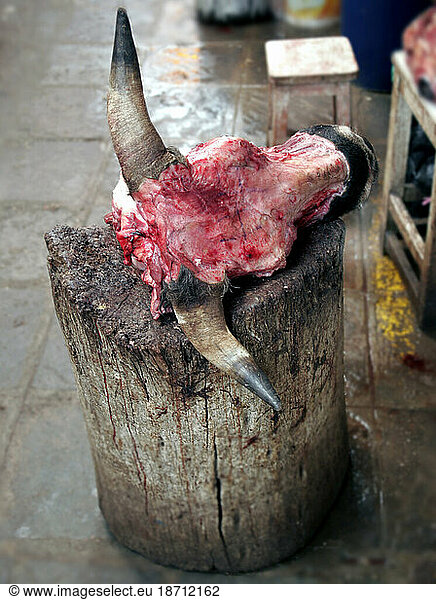 A cow head at a meat stall in a market  Cuzco  Peru.