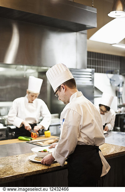 A crew of chef's working in a commercial kitchen
