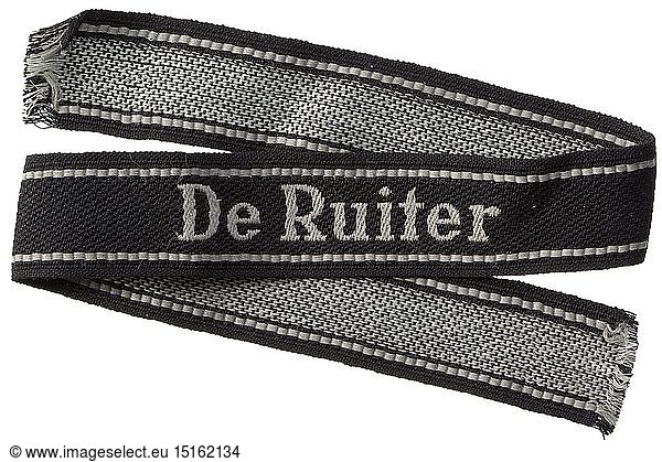 A cuff title 'De Ruiter' 'BeVo-like' machine-woven issue. Length 48 cm. historic  historical  20th century  1930s  1940s  Waffen-SS  armed division of the SS  armed service  armed services  NS  National Socialism  Nazism  Third Reich  German Reich  Germany  military  militaria  utensil  piece of equipment  utensils  object  objects  stills  clipping  clippings  cut out  cut-out  cut-outs  fascism  fascistic  National Socialist  Nazi  Nazi period