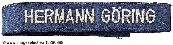 A cuff title 'Hermann GÃ¶ring' for emlisted men last model from the end of 1943 onwards historic  historical  Air Force  branch of service  branches of service  armed service  armed services  military  militaria  air forces  object  objects  stills  clipping  clippings  cut out  cut-out  cut-outs  20th century