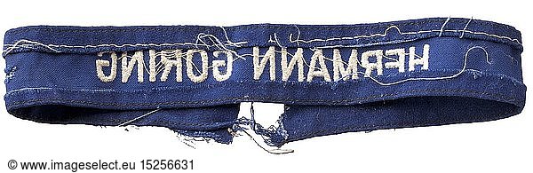 A cuff title 'Hermann GÃ¶ring' for enlisted men last model from the end of 1943 onwards historic  historical  Air Force  branch of service  branches of service  armed service  armed services  military  militaria  air forces  object  objects  stills  clipping  clippings  cut out  cut-out  cut-outs  20th century