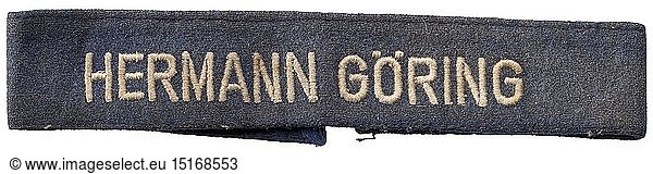 A cuff title 'Hermann GÃ¶ring' for enlisted men last modell from the end of 1943 onwards historic  historical  Air Force  branch of service  branches of service  armed service  armed services  military  militaria  air forces  object  objects  stills  clipping  clippings  cut out  cut-out  cut-outs  20th century