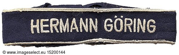 A cuff title 'Hermann GÃ¶ring' for NCOs last model from the end of 1943 onwards historic  historical  Air Force  branch of service  branches of service  armed service  armed services  military  militaria  air forces  object  objects  stills  clipping  clippings  cut out  cut-out  cut-outs  20th century