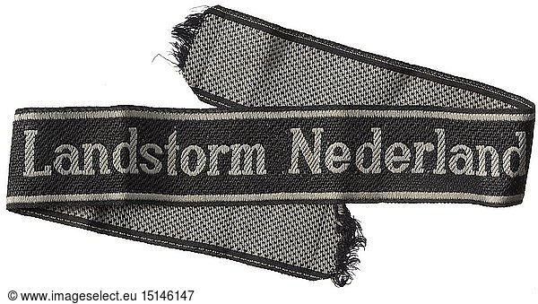 A cuff title 'Landstorm Nederland' BeVo-woven issue. Used condition. Length 42 cm. historic  historical  20th century  1930s  1940s  Waffen-SS  armed division of the SS  armed service  armed services  NS  National Socialism  Nazism  Third Reich  German Reich  Germany  military  militaria  utensil  piece of equipment  utensils  object  objects  stills  clipping  clippings  cut out  cut-out  cut-outs  fascism  fascistic  National Socialist  Nazi  Nazi period