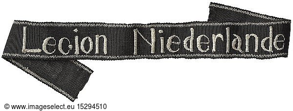 A cuff title 'Legion Niederlande' Extremely rare  local production. Machine-embroidered on rep band. Used. Length 33 cm. historic  historical  20th century  1930s  1940s  Waffen-SS  armed division of the SS  armed service  armed services  NS  National Socialism  Nazism  Third Reich  German Reich  Germany  military  militaria  utensil  piece of equipment  utensils  object  objects  stills  clipping  clippings  cut out  cut-out  cut-outs  fascism  fascistic  National Socialist  Nazi  Nazi period