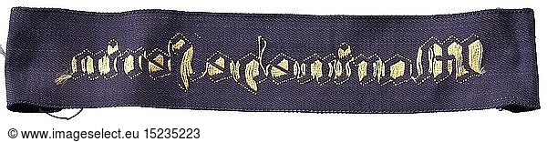 A cuff title 'Marinehelferin' Marineblaues Band mit gelb gewebter gotischer Aufschrift. RestlÃ¤nge ca. 24 cm. historic  historical  navy  naval forces  military  militaria  branch of service  branches of service  armed forces  armed service  object  objects  stills  clipping  clippings  cut out  cut-out  cut-outs  20th century