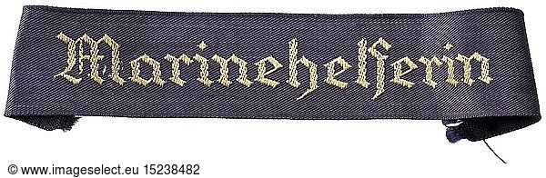 A cuff title 'Marinehelferin' Marineblaues Band mit gelb gewebter gotischer Aufschrift. RestlÃ¤nge ca. 24 cm. historic  historical  navy  naval forces  military  militaria  branch of service  branches of service  armed forces  armed service  object  objects  stills  clipping  clippings  cut out  cut-out  cut-outs  20th century