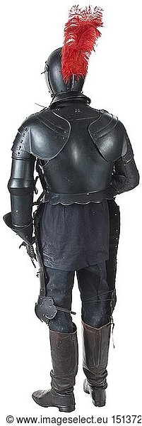 A cuirassier's suit of armour  historicism in the style of circa 1630  Close helmet with two-piece  slightly ridged skull  plume socket riveted to the nape. Pivoted visor with pointed peak  the mask with separate eye slits and pierced ventilation holes. Pivoted bevor with lateral hook-and-eye closure  riveted neck lame with turned edge. Collar with slightly ridged breast-plate and two neck lames with sturdy flanges. Ridged breast-plate with sturdy  roped flanges at the neck opening and moveable  articulated arm-gussets  three faulds. Associated back-plate  the riveted culet with flared and turned edge. Full arm guards with large  seven-lame pauldrons and closed upper and lower cannons. Finger gauntlets with articulated metacarpi of five lames. One thumb missing  finger lames incomplete. Nine-lame 19th century