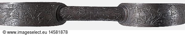 A cut Indian steel bow  19th/20th century Two-piece bow which screws together at the grip. Back and nocks entirely covered with hunting scenes cut in relief. Length 82.5 cm. Provenance: Freiherr von Hochstetter Collection  DÃ¼sseldorf. historic  historical  19th century  object  objects  stills  clipping  clippings  cut out  cut-out  cut-outs  weapon  arms  weapons  arms