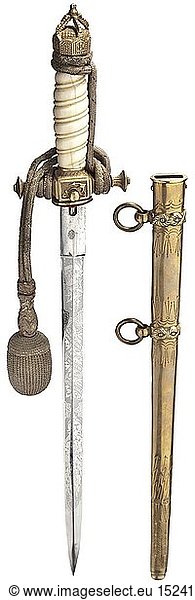 A dagger for officers of the imperial navy Long version. Beautifully preserved blade of diamond section with elaborate naval etching on both sides  the scroll intertwined 'Festen Muth's in Sturm und Gefahr' (tr. 'Steadfast courage  in storm and peril')  stamped with the knight's head mark of the company WKC  Solingen. Sturdy  non-ferrous metal hilt (remnants of gilding)  the pommel shaped like an openworked imperial crown  ivory grip without wire winding. Silver sword knot with black and red interweaves (slightly damaged). In lightning bolt scabbard of gilt non-ferrous metal (rubbed). Signs of age and wear. Length circa 49 cm. This long  sturdy version rather rare. historic  historical  navy  naval forces  military  militaria  branch of service  branches of service  armed forces  armed service  object  objects  stills  clipping  clippings  cut out  cut-out  cut-outs  20th century  19th century