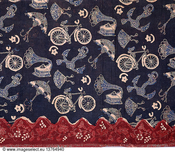A detail of a batik sarong  The main motifs in the design are symbols of prestige and fashionable pastimes bicycles  umbrellas  fans  gramophones and others. Indonesia. Javanese. c 1930s. north coast of Java.