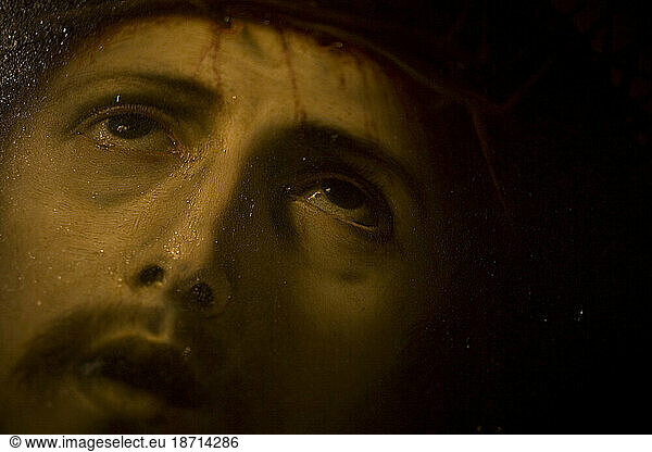 A detail of the Ecce Homo  an oil painting by artist Jose de Ribera  known as El Espa-oleto  in the Cadiz Museum  Andalusia  Spain.