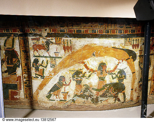 A detail of the painted sarcophagus of Butehamun  In the act of creation the air god Shu holds aloft the sky goddess Nut  separating her from Geb. Egypt. Ancient Egyptian. 21st dynasty c 1069 945BC.