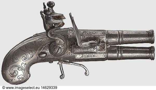 A double-barrel flintlock pocket pistol  LiÃ¨ge circa 1800. Round lug barrels in 7 mm calibre with cannon muzzles. Finely engraved frame with hardly legible signature 'A... Ã  LiÃ¨ge' on the right. Nickel silver grip with engraved vine decoration. Hammer and trigger guard repaired on the right side  right hammer spring faulty. Length 13 cm  historic  historical  19th century  civil handgun  civil handguns  handheld  gun  guns  firearm  fire arm  firearms  fire arms  weapons  arms  weapon  arm  object  objects  stills  clipping  clippings  cut out  cut-out  cut-outs