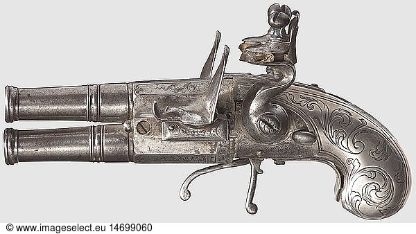 A double-barrel flintlock pocket pistol  LiÃ¨ge circa 1800. Round lug barrels in 7 mm calibre with cannon muzzles. Finely engraved frame with hardly legible signature 'A... Ã  LiÃ¨ge' on the right. Nickel silver grip with engraved vine decoration. Hammer and trigger guard repaired on the right side  right hammer spring faulty. Length 13 cm  historic  historical  19th century  civil handgun  civil handguns  handheld  gun  guns  firearm  fire arm  firearms  fire arms  weapons  arms  weapon  arm  object  objects  stills  clipping  clippings  cut out  cut-out  cut-outs