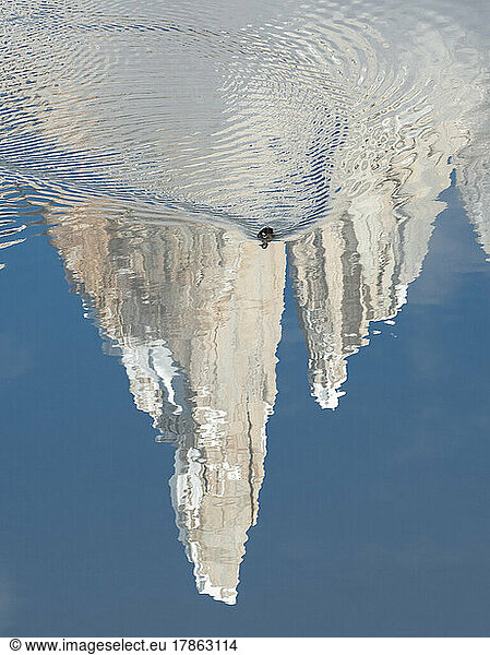 A duck winds a path  stirring up a reflection of Cerro Torre in