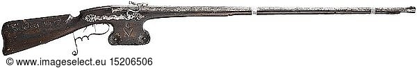 A Dutch matchlock schuetzen target rifle  2nd half of 17th century Square then octagonal barrel with smooth bore in 14 mm calibre with swamped muzzle. Dovetailed front sight and foldable loop rear sight. Lateral powder pan with swivel-mounted lid (replaced)  above chamber double mark depicting halberd bearer (similar to StÃ¶ckel no. 5063). Wrought-iron matchlock with scrollwork shaped  open-worked closures the side (blemish on one side) match cock in the shape of a snake. Faulty needleset trigger with safety button on lock. Dark  carved wooden full stock with iron finger-shaped trigger guard (worm-eaten stock with crack and blemishes in places  chips on forearm  iron parts reworked and pitted). Length 175 cm. historic  historical  gun  guns  firearm  fire arm  firearms  fire arms  weapons  arms  weapon  arm  fighting device  object  objects  stills  clipping  clippings  cut out  cut-out  cut-outs  military  militaria  piece of equipment  17th century