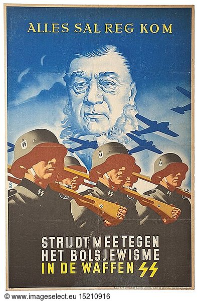 A Dutch propaganda poster for the Waffen-SS circa 1941 historic  historical  20th century  1930s  1940s  Waffen-SS  armed division of the SS  armed service  armed services  NS  National Socialism  Nazism  Third Reich  German Reich  Germany  military  militaria  utensil  piece of equipment  utensils  object  objects  stills  clipping  clippings  cut out  cut-out  cut-outs  fascism  fascistic  National Socialist  Nazi  Nazi period
