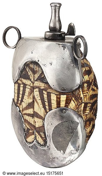A European tortoise shell powder flask 18th/19th century. Silver-mounted shell of a geometric tortoise (Psammobates geometricus). Girdle-shaped  non-spring-loaded spout  suspension loops on the sides. Height 13 cm. historic  historical  powder flask  accessory  accessories  military  militaria  object  objects  stills  utilities  utility  clipping  clippings  cut out  cut-out  cut-outs  utensil  piece of equipment  utensils  19th century  18th century