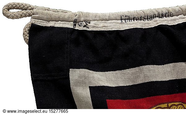 A FÃ¼hrer standard for battleships maker 'Fahnenrichter KÃ¶ln' Colour imprinted naval flag cloth with sewn-in fastening rope  with naval acceptance mark  'FÃ¼hrerstandarte'  and size stamp 'IV'  stitched maker's tag. Colour-fresh with repaired area on the edge and minor moth traces. Dimensions ca. 210 x 230 cm. historic  historical  navy  naval forces  military  militaria  branch of service  branches of service  armed forces  armed service  object  objects  stills  clipping  clippings  cut out  cut-out  cut-outs  20th century