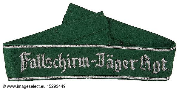A 'Fallschirm-JÃ¤ger Reg.' officer's cuff title Hand-embroidered aluminium thread lettering with aluminium Russia-braid edging on 'jÃ¤gergrÃ¼n' green cloth. Length 47 cm. USA-Los historic  historical  Air Force  branch of service  branches of service  armed service  armed services  military  militaria  air forces  object  objects  stills  clipping  clippings  cut out  cut-out  cut-outs  20th century