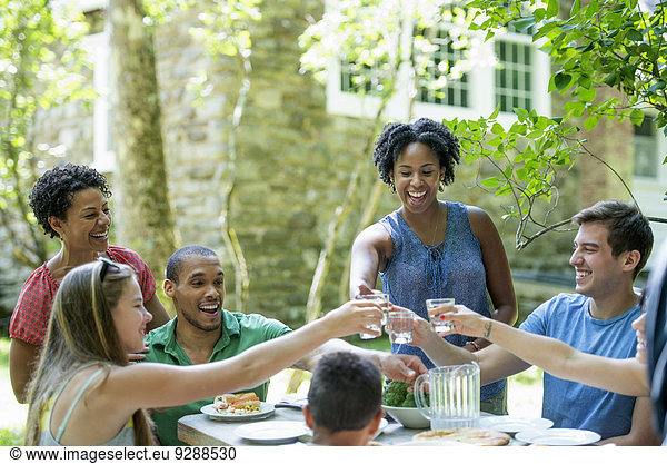 A family gathering  men women and children around a table in a garden in summer.