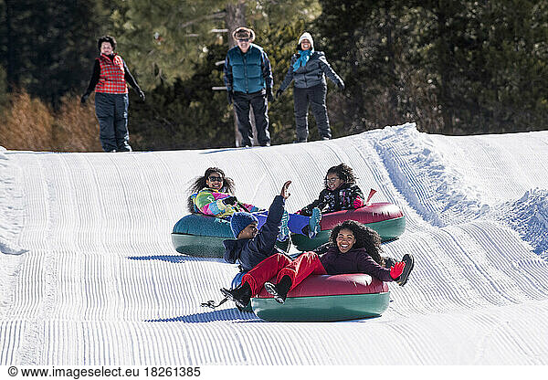 A family snow tubing in Stateline  Nevada.