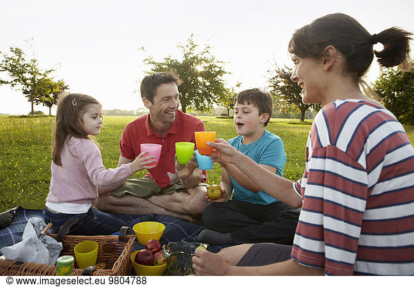 A family  two parents and two children outdoors in the summer having a picnic.