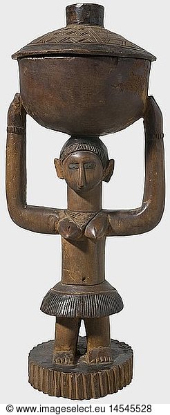 A female Bidjogo figure  West Africa. Carved hardwood. Female figure with skirt and neck decorations. Large vessel with removable lid on the head. Partly coloured. Height 48 cm.â€? historic  historical Africa  African  weapon  arms  weapons  arms  fighting device  object  objects  clipping  cut out  cut-out  cut-outs  militaria