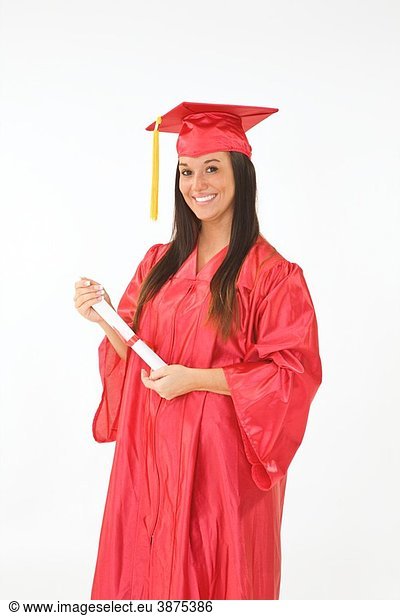 A female caucasian in red graduation gown and very excited She is on a white background