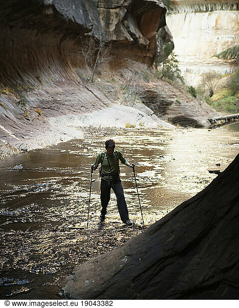 A female hiker with tekking poles  crossing the Left Fork of North Creek in The Subway in Zion National Park  Utah.