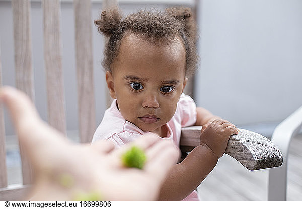A female toddler staring at a piece of broccoli