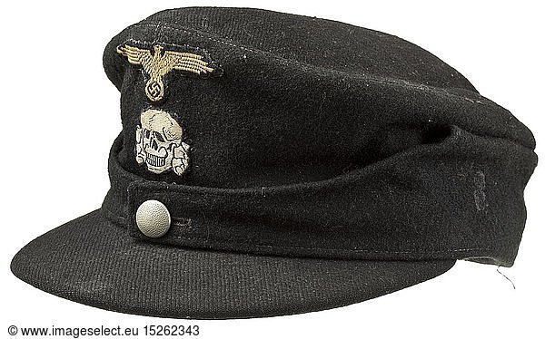 A field cap M 43 for enlisted men/NCOs of panzer troops Black woollen cloth  BeVo-woven cap insignia  grey inner liner with wearer's designation 'Ignaz Leidinger'  the frontal leather sweatband contemporarily removed. In used condition. historic  historical  20th century  1930s  1940s  Waffen-SS  armed division of the SS  armed service  armed services  NS  National Socialism  Nazism  Third Reich  German Reich  Germany  military  militaria  utensil  piece of equipment  utensils  object  objects  stills  clipping  clippings  cut out  cut-out  cut-outs  fascism  fascistic  National Socialist  Nazi  Nazi period