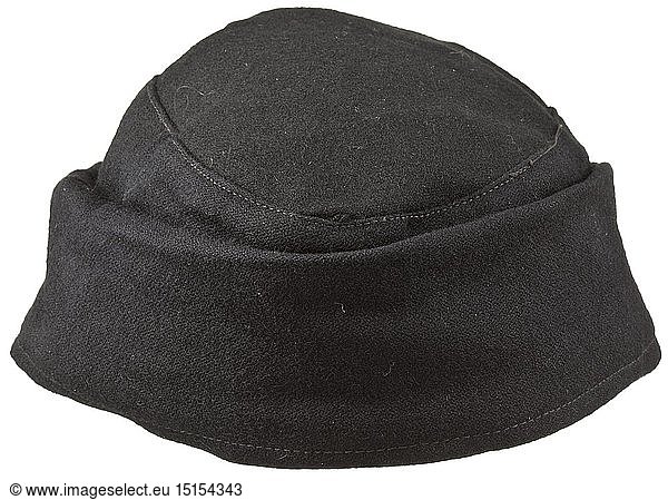 A field cap M 43 for enlisted men/NCOs of panzer troops late issue Black woollen cloth  paperboard visor  black glass buttons  grey herringbone inner liner  RZM machine-embroidered cap trapezoid on a black cloth underlay. historic  historical  20th century  1930s  1940s  Waffen-SS  armed division of the SS  armed service  armed services  NS  National Socialism  Nazism  Third Reich  German Reich  Germany  military  militaria  utensil  piece of equipment  utensils  object  objects  stills  clipping  clippings  cut out  cut-out  cut-outs  fascism  fascistic  National Socialist  Nazi  Nazi period