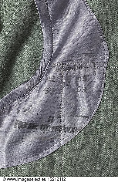 A field-grey drill cloth jacket for Luftwaffe field divisions depot piece from 1943 with Reich factory number historic  historical  Air Force  branch of service  branches of service  armed service  armed services  military  militaria  air forces  object  objects  stills  clipping  clippings  cut out  cut-out  cut-outs  20th century