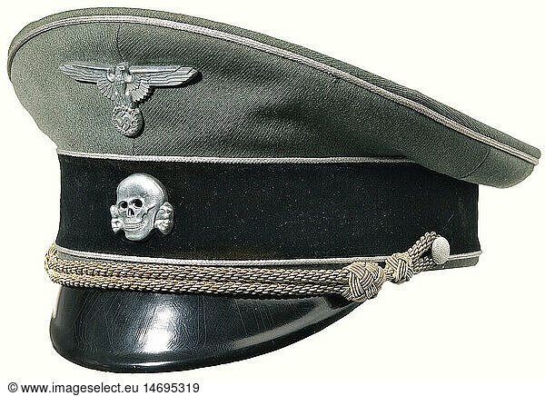A field grey service cap for general officers.  Fine field grey cloth with black velvet cap band and silver piping. Silver-plated metal insignia (worn by cleaning  slightly displaced) and cap cord. Yellowish silk lining  silver-stamped  'Eduard Sache - Erel Sonderklasse' (Eduard Sache - Erel Special Class) beneath the maker's label in the crown. Brown leather sweatband (minor damage). Size 56. Beautiful condition with traces of wear. historic  historical  1930s  1930s  20th century  Waffen-SS  armed division of the SS  armed service  armed services  NS  National Socialism  Nazism  Third Reich  German Reich  Germany  military  militaria  utensil  piece of equipment  utensils  object  objects  stills  clipping  clippings  cut out  cut-out  cut-outs  fascism  fascistic  National Socialist  Nazi  Nazi period  uniform  uniforms  clothing  clothes  outfit  outfits  wear