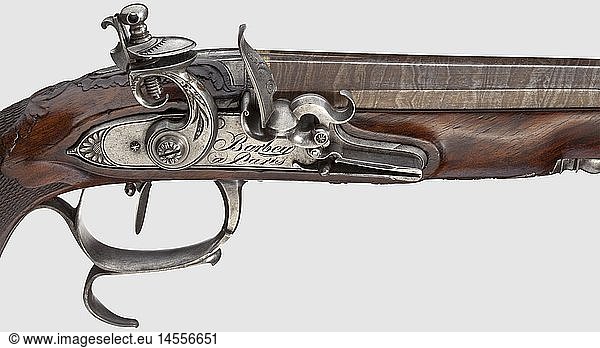 A fine cased pair of French flintlock pistols  Claude Barbey in Paris  circa 1810. Octagonal  rifled Damascus barrels in 14 mm calibre  engraved and gilt at the muzzle and at the breech  the tangs also engraved. Lavishly and florally engraved flintlocks with cut screws and frizzens on rollers. Set triggers. One cock with a crack that has been repaired. Walnut full stocks with finely engraved  iron fittings  wooden ramrods with bone tips. Length 31 cm. In an ebonised wooden case lined with red felt (replaced?) and with brass reinforcements  therein a cleaning rod  a powder flask  an oil flask and a bullet mould. Dimensions 40 x 22 x 7 cm  historic  historical  19th century  civil handgun  civil handguns  handheld  gun  guns  firearm  fire arm  firearms  fire arms  weapons  arms  weapon  arm  object  objects  stills  clipping  clippings  cut out  cut-out  cut-outs