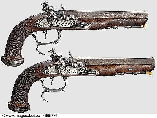 A fine cased pair of French flintlock pistols  Claude Barbey in Paris  circa 1810. Octagonal  rifled Damascus barrels in 14 mm calibre  engraved and gilt at the muzzle and at the breech  the tangs also engraved. Lavishly and florally engraved flintlocks with cut screws and frizzens on rollers. Set triggers. One cock with a crack that has been repaired. Walnut full stocks with finely engraved  iron fittings  wooden ramrods with bone tips. Length 31 cm. In an ebonised wooden case lined with red felt (replaced?) and with brass reinforcements  therein a cleaning rod  a powder flask  an oil flask and a bullet mould. Dimensions 40 x 22 x 7 cm  historic  historical  19th century  civil handgun  civil handguns  handheld  gun  guns  firearm  fire arm  firearms  fire arms  weapons  arms  weapon  arm  object  objects  stills  clipping  clippings  cut out  cut-out  cut-outs