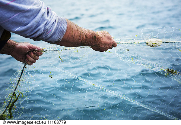 A fisherman pulling the net out of the water.