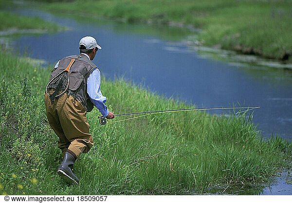 A fly-fisherman approaches a trout stream.