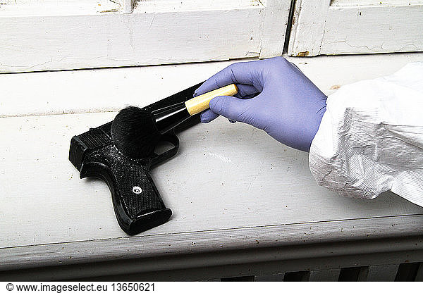 A forensic investigator dusting a gun for fingerprints at a crime scene.