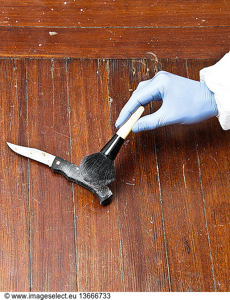 A forensic investigator dusting a knife for fingerprints at a crime scene.