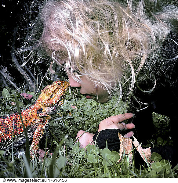 A four year old girl and her bearded dragon go nose to nose.; Cabin John  Maryland.