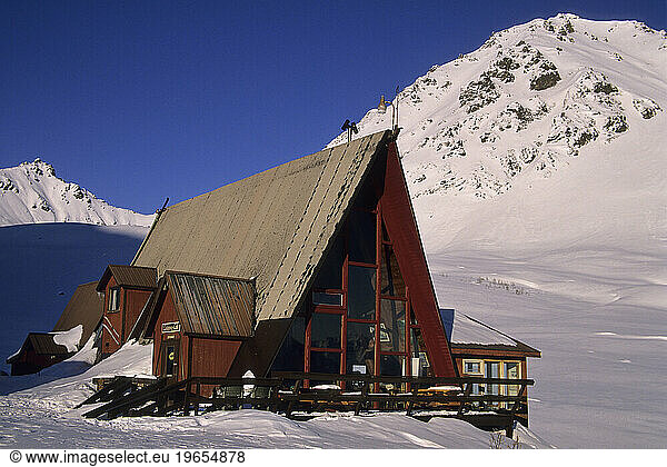 A-frame building hut in the mountains  Hatcher Pass Lodge  Alaska
