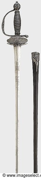 A French smallsword  circa 1760 Sparingly etched triangular blade. Splendidly cut  openwork iron hilt. Grip with wire winding and beautiful braided ferrules. Leather scabbard with iron mountings cut en suite. Length 106 cm.  historic  historical  18th century  sword  swords  weapons  arms  weapon  arm  fighting device  military  militaria  object  objects  stills  clipping  clippings  cut out  cut-out  cut-outs  melee weapon  melee weapons  metal
