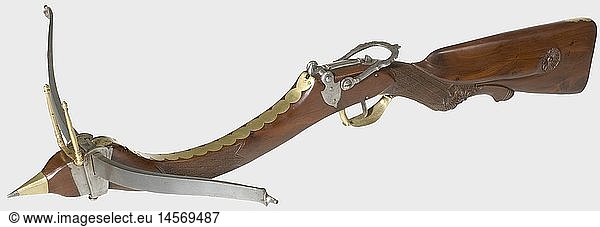 A French stonebow  circa 1800 Forged prod with iron mounting. Typically curved walnut tiller. The butt is beautifully carved with a grotesque mask in low relief with inset coloured eyes. Brass and iron sights. Smooth brass furniture. Length 80 cm.  historic  historical  19th century  crossbow  crossbows  distance weapon  weapons  object  objects  clipping  cut out  cut-out  cut-outs